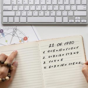 Numerology consultation setup with a keyboard, notes, and numerology calculations