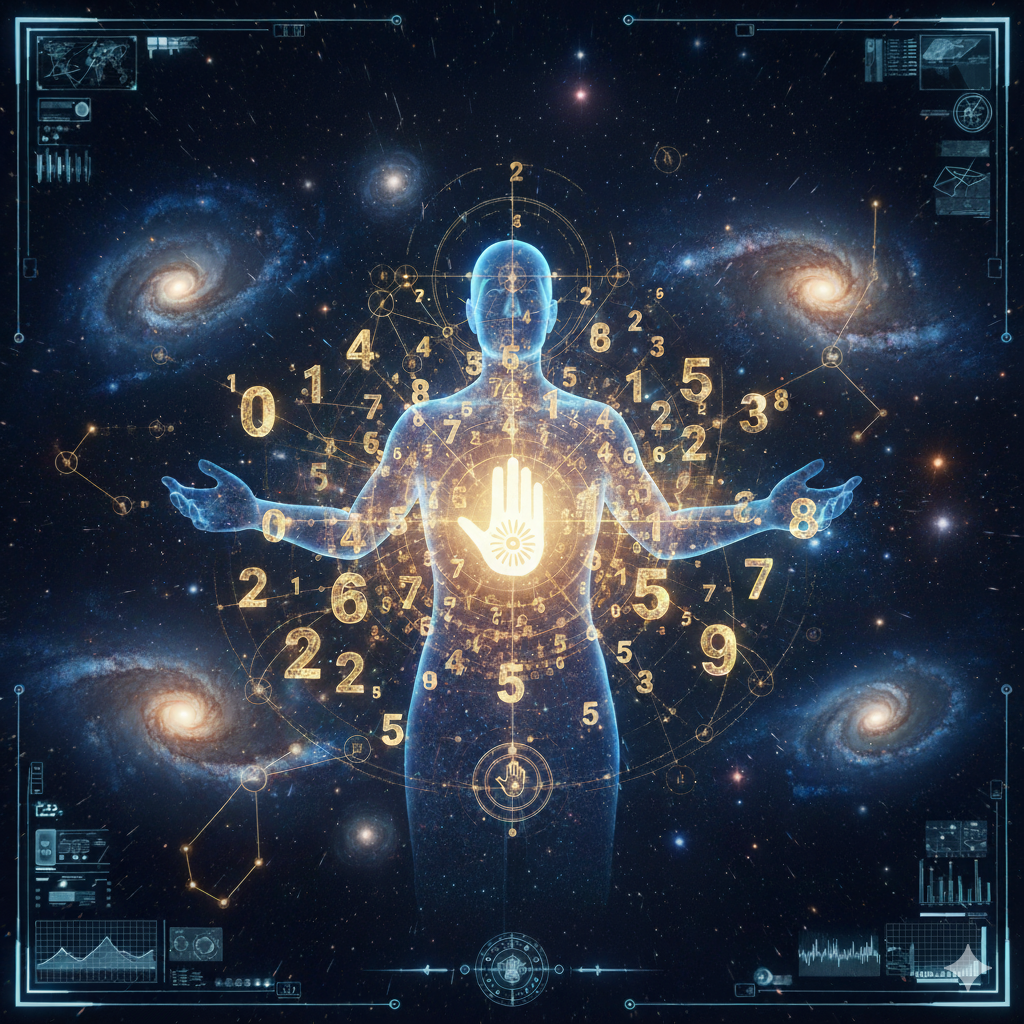 Cosmic human figure surrounded by galaxies, numbers, and symbols
