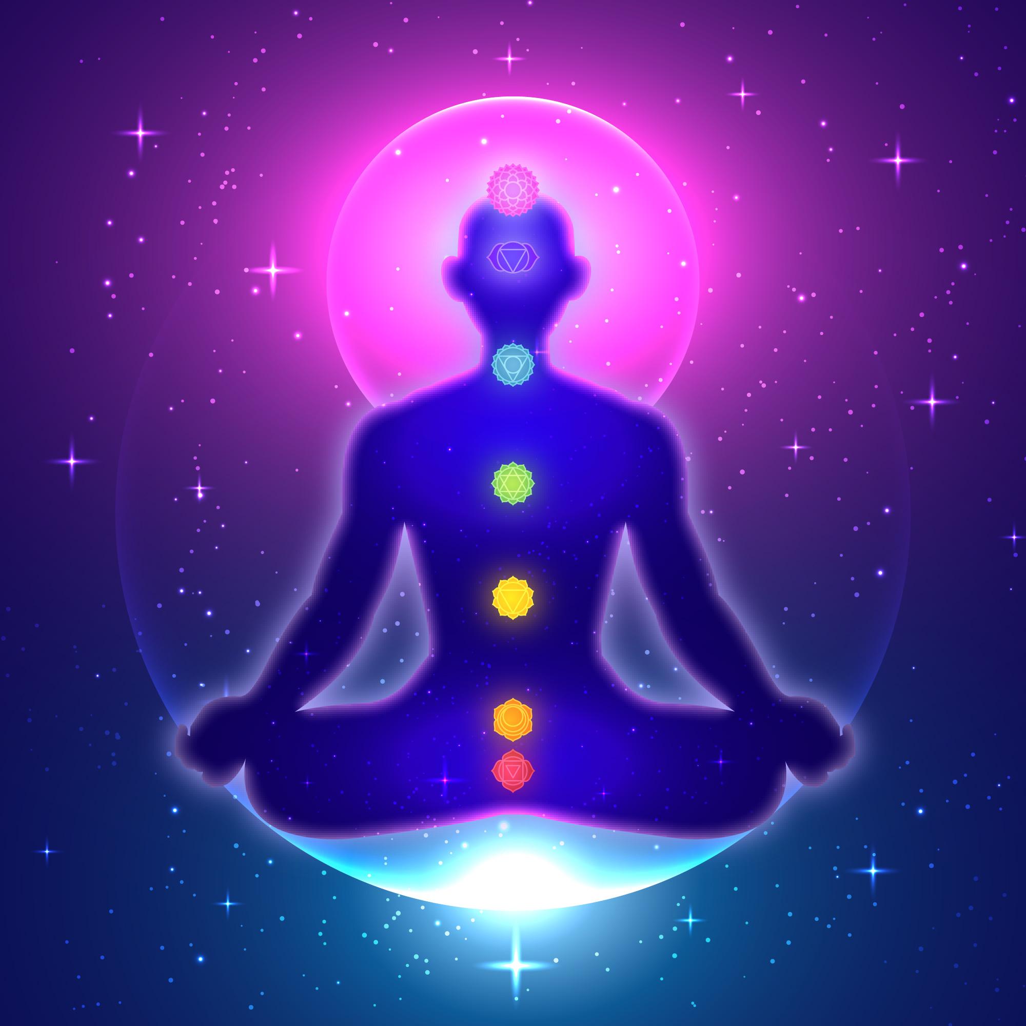 Cosmic human figure surrounded by galaxies, numbers, and symbols